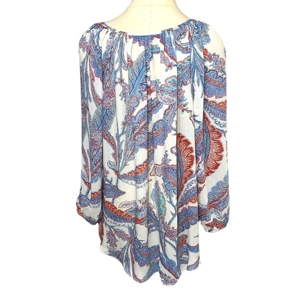 Chaps Boho White Blue Floral Tunic Blouse Flowy Round Neck Balloon Sleeves Sz L - Picture 3 of 11